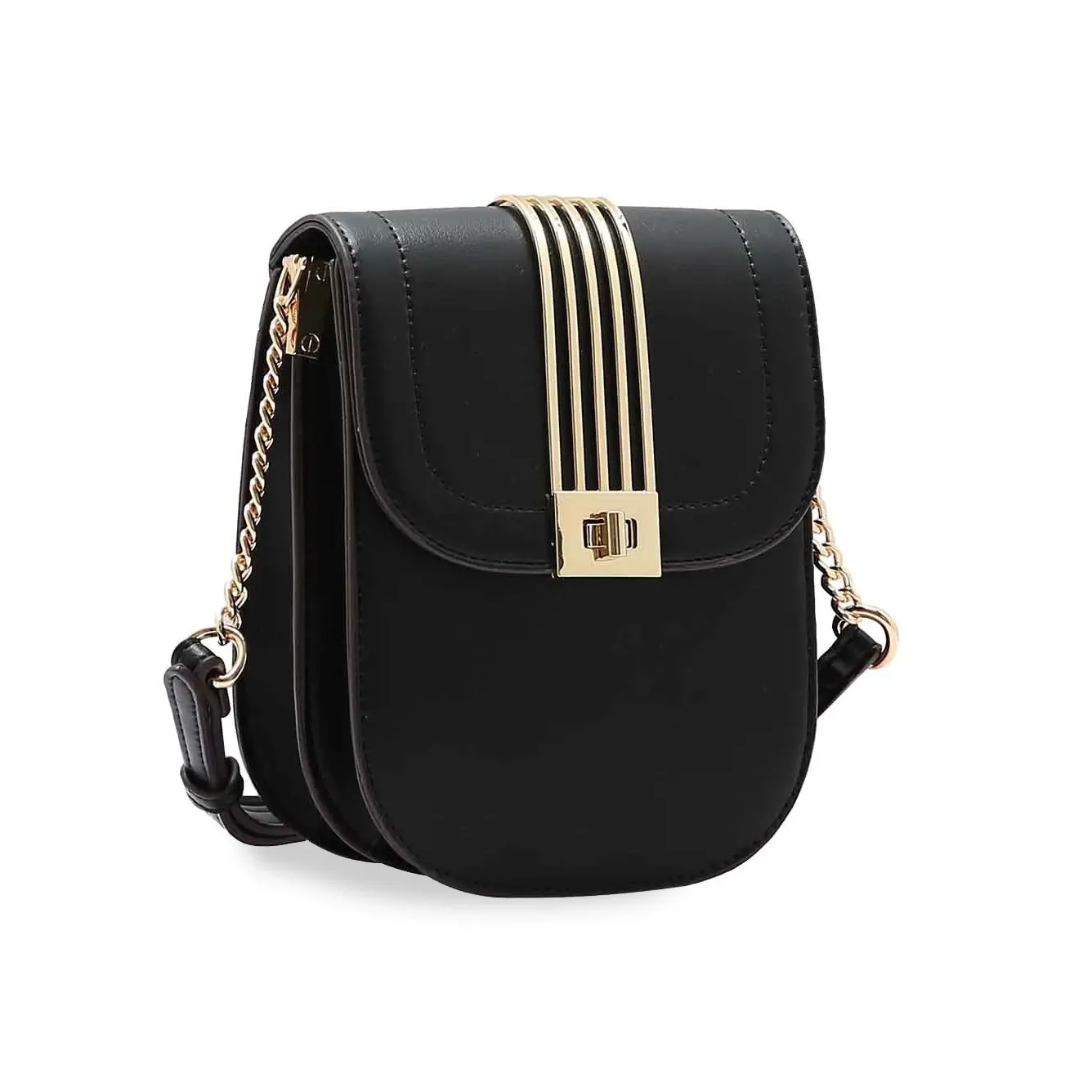 Bolsa transversal feminina Chenson atemporal em PVC preto, vista frontal com alça corrente dourada